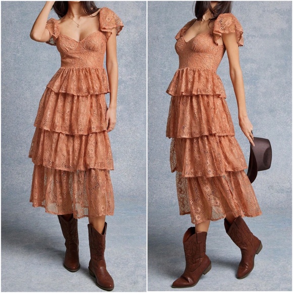 Boho Floral Lace Butterfly Sleeves Ruffle Western Dress - Picture 1 of 3